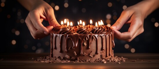 Candles being lit on a big decorated homemade cake copy space image