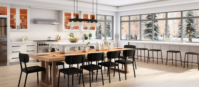 Contemporary farmhouse kitchen with light wood floors white marble counters spacious dining table stainless appliances orange accents and black trimmed large windows copy space image