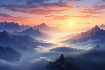 A serene sunrise over a misty mountain range, casting a warm glow on the tranquil landscape. - obrazy, fototapety, plakaty