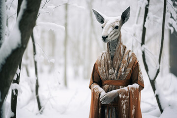 Female deer standing in snowy cold forest.
