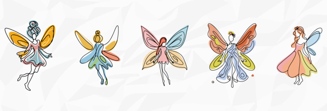 Verzauberte Farbenpracht: Bundle mit bunten Feen in Kleidern als k&uuml;nstlerische Lineart-Illustrationen