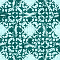 Teal blue white vibrant watercolor batik azulejos tile border banner background. Seamless coastal blur linen effect geometric mosaic effect. Patchwork nautical masculine summer ribbon trim. 
