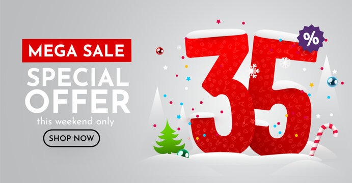 35 percent Off. Discount creative composition. Merry Christmas and Happy New Year. Sale banner and poster.