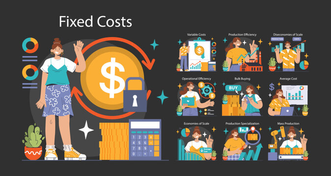 Economies of scale dark or night mode set. Company scale of operation, amount of output produced per unit of time. Mass production efficiency. Flat vector illustration