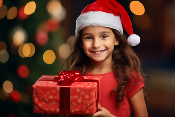 Fototapeta na wymiar Little kid with Christmas hat holding a gift