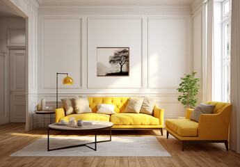the room in yellow is with white walls, large wooden floors and yellow sofa, in the style of photorealistic rendering, 20th century Scandinavian style, light white and dark amber, danish design