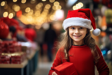 Fototapeta na wymiar Little kid with Christmas hat holding a gift