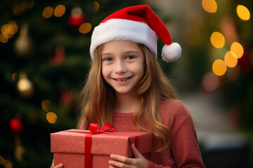 Little kid with Christmas hat holding a gift