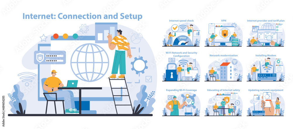 Poster wi-fi network set. specialist setting up, developing and maintaining wireless fidelity equipment. se