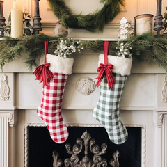 Christmas and New Year background with decorative christmas socks on wooden wall.AI generated.Ai.Generative Ai
