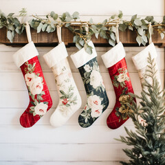 Christmas and New Year background with decorative christmas socks on wooden wall.AI generated.Ai.Generative Ai
