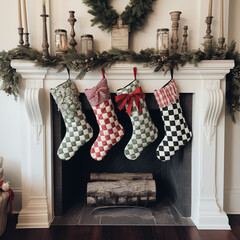 Christmas and New Year background with decorative christmas socks on wooden wall.AI generated.Ai.Generative Ai
