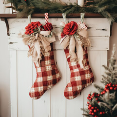 Christmas and New Year background with decorative christmas socks on wooden wall.AI generated.Ai.Generative Ai
