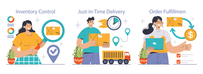Logistics management set. Streamlined inventory control, timely just-in-time delivery, and efficient order fulfillment. Seamless supply chain operations depicted. Flat vector illustration