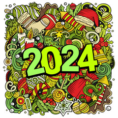2024 doodles illustration. New Year objects and elements poster