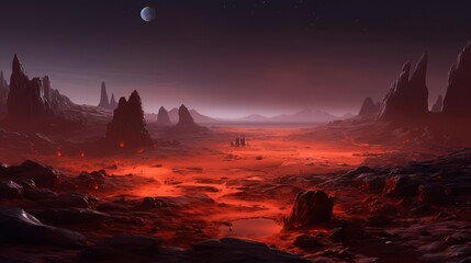 a barren desert world dotted with towering red rocks