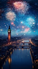 Fototapeta na wymiar New Year's Spectacle Fireworks Illuminate a Famous Townscape