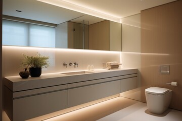 Fototapeta na wymiar A sleek and minimalist bathroom with a floating vanity, frameless mirror, and recessed lighting.