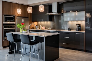 A sleek and modern kitchen with high-gloss cabinets, quartz countertops, and pendant lighting.