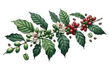 coffee branch with leaves, flowers, and red coffee beans in a hand-drawn style illustration cut out transparent isolated on white background ,PNG file - obrazy, fototapety, plakaty