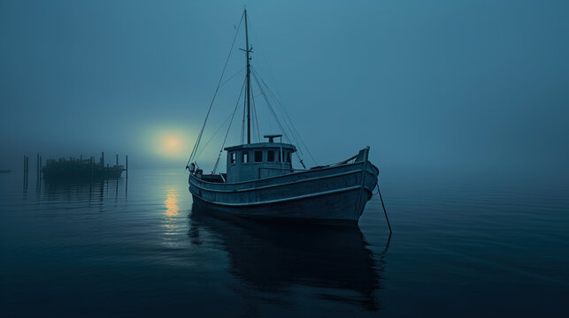 A Fishing Boat on The Calm Ocean Water Through Foggy Night Background