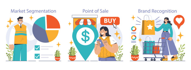Fototapeta premium Mass market set. Mass production economics. Targeted audience and market segmentation. Efficiency of production process, distribution, marketing and sales. Flat vector illustration