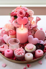 Assorted Valentine's Day candles and flowers display