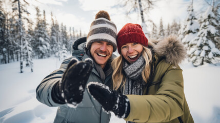 Fototapeta na wymiar Playful couple having fun in winter scenery