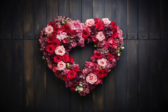 Heart-shaped wreath of red roses on dark wooden door