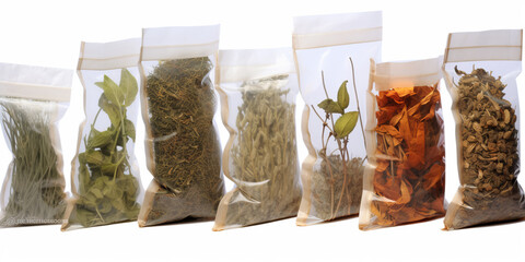 assortment of tea, spices and herbs packing in transparent bags isolated on white background - obrazy, fototapety, plakaty