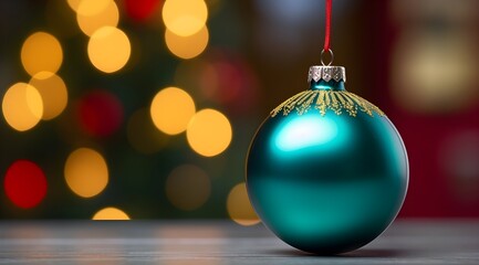 Fototapeta premium Christmas balls hanging on a Christmas tree branch, dark green and dark blue background, copy space, bokeh lights