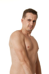 Fototapeta premium young man showing his bicep over white background