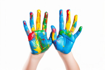 child painted hand on white background