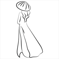 Vector illustration modern Vietnamese women wearing traditional costumes Ao Dai. Hand drawn style Fashion Luxury Glamor Elegant Woman sketch. Fashion girl in sketch-style. Vector illustrations.