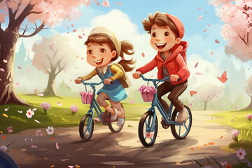 child boy and girl ride bicycle in a park, cartoon concept