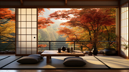 日本の畳がある和室の大きな窓から見る庭の紅葉の景色、光が差し込む明るい部屋、日本庭園 - obrazy, fototapety, plakaty