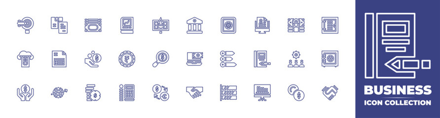 Business line icon collection. Editable stroke. Vector illustration. Containing investment, handshake, bar chart, economy, currency, safe box, coins, exchange, money, donation, resume, agenda, bank.