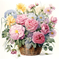 Roses, Chrysanthemums, Irises, Flowers, Watercolor illustrations