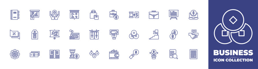 Business line icon collection. Editable stroke. Vector illustration. Containing laptop, agenda, conversation, time is money, coin, money, responsibility, presentation, bills, suitcase, success.
