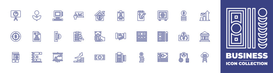 Business line icon collection. Editable stroke. Vector illustration. Containing pie, profit, stats, bank, ladder, salary, money, process, payment method, smartphone, real estate, investment, id card.