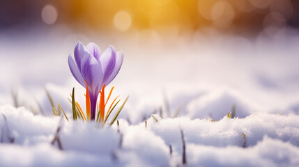 Beautiful Crocus Flower in Snow 