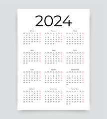 2024 Spanish calendar for year. Pocket or wall calender layout with 12 month. Week starts Monday. Yearly organizer. Scheduler template in simple design. Portrait orientation, A4. Vector illustration