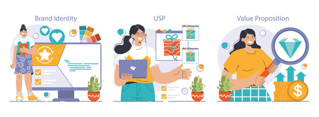 Product differentiation set. Product competitive advantages. Price and quality Brand recognition and market niche definition. Flat vector illustration