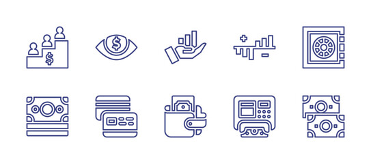Business line icon set. Editable stroke. Vector illustration. Containing growth, eye, diagram, safebox, money, credit card, wallet, atm.