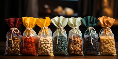 assortment of dried fruits and nuts in transparent packing on the shop shelf