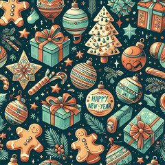 Seamless pattern of Christmas set, bell, holly. Generative AI.