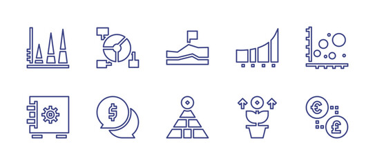 Business line icon set. Editable stroke. Vector illustration. Containing graph, safebox, money, pyramid, plant, exchange.