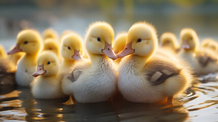 Group of yellow cute ducklings on the water of a pond or lake - obrazy, fototapety, plakaty