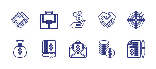 Business line icon set. Editable stroke. Vector illustration. Containing agreement, suitcase, revenue, handshake, target, money bag, book, taxes, money, contract.