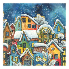 Panorama of the old city with houses against the backdrop of the night starry sky with snow. Hand drawn watercolor illustration Square composition for New Year, winter and Christmas decor
